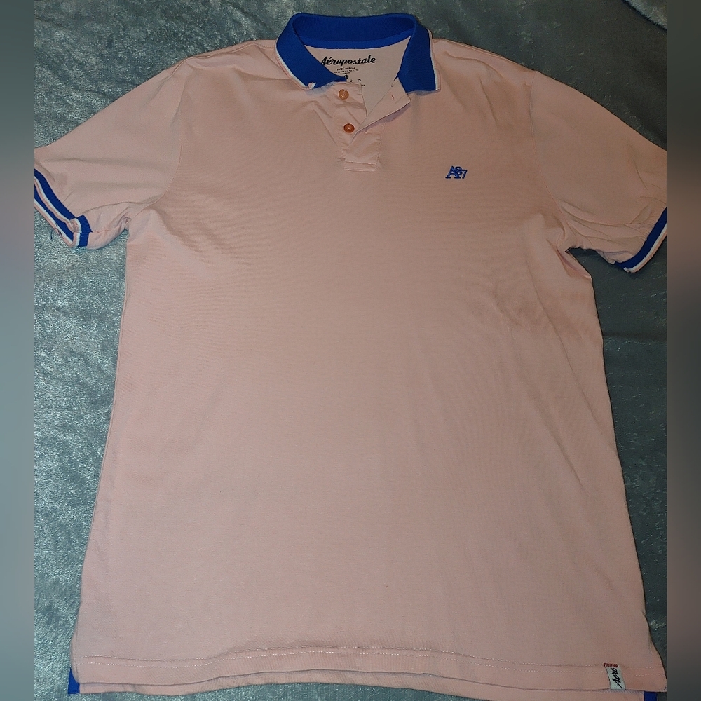 Mens Aeropostale Pink and Blue Polo Style Shirt